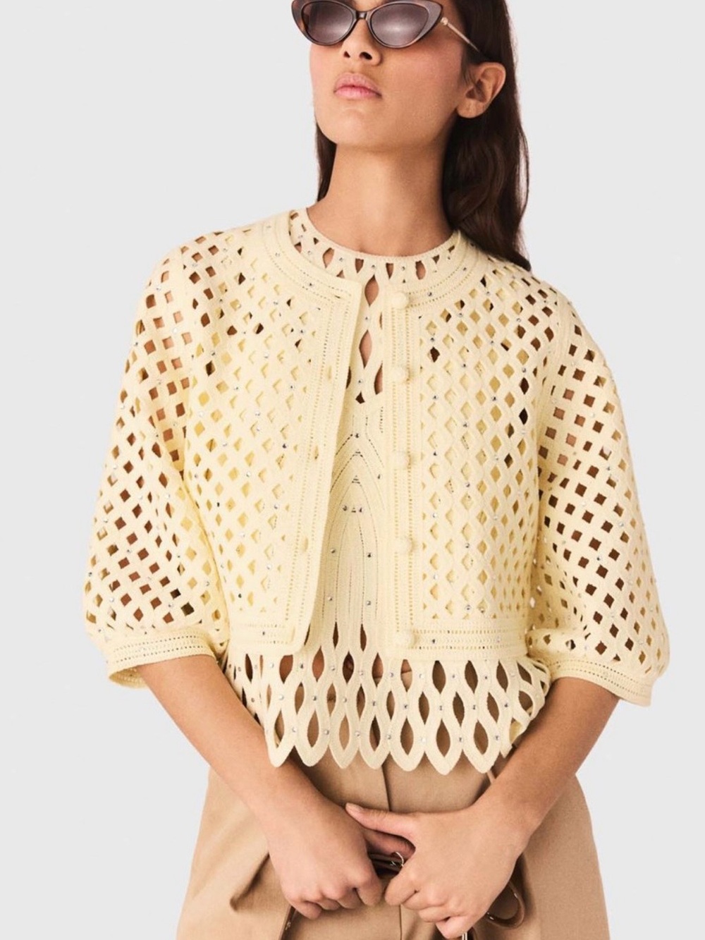 Maje Pale Yellow Crochet Short Jacket